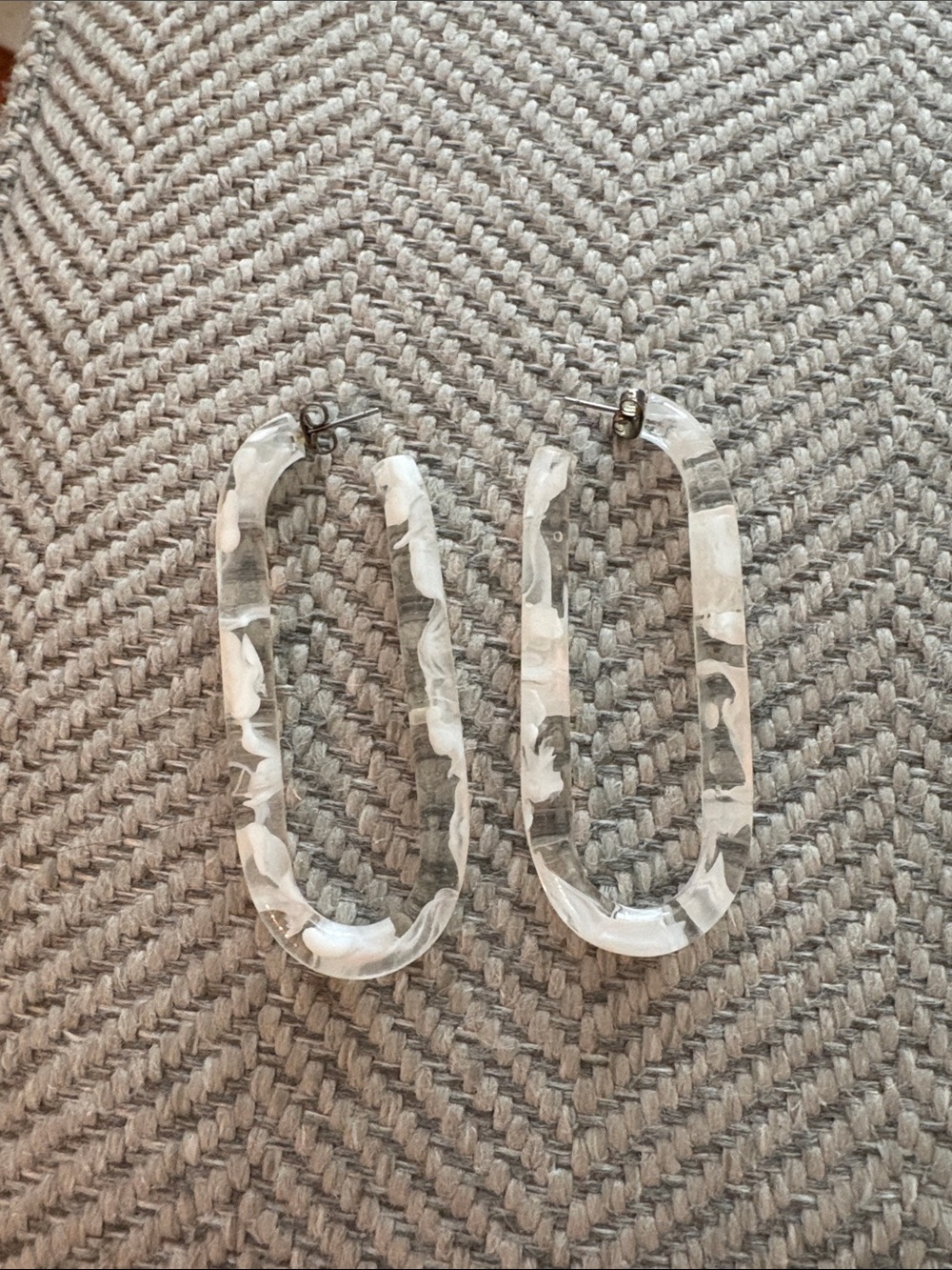 Clear Resin Oval Hoop Earrings with White Marble Effect